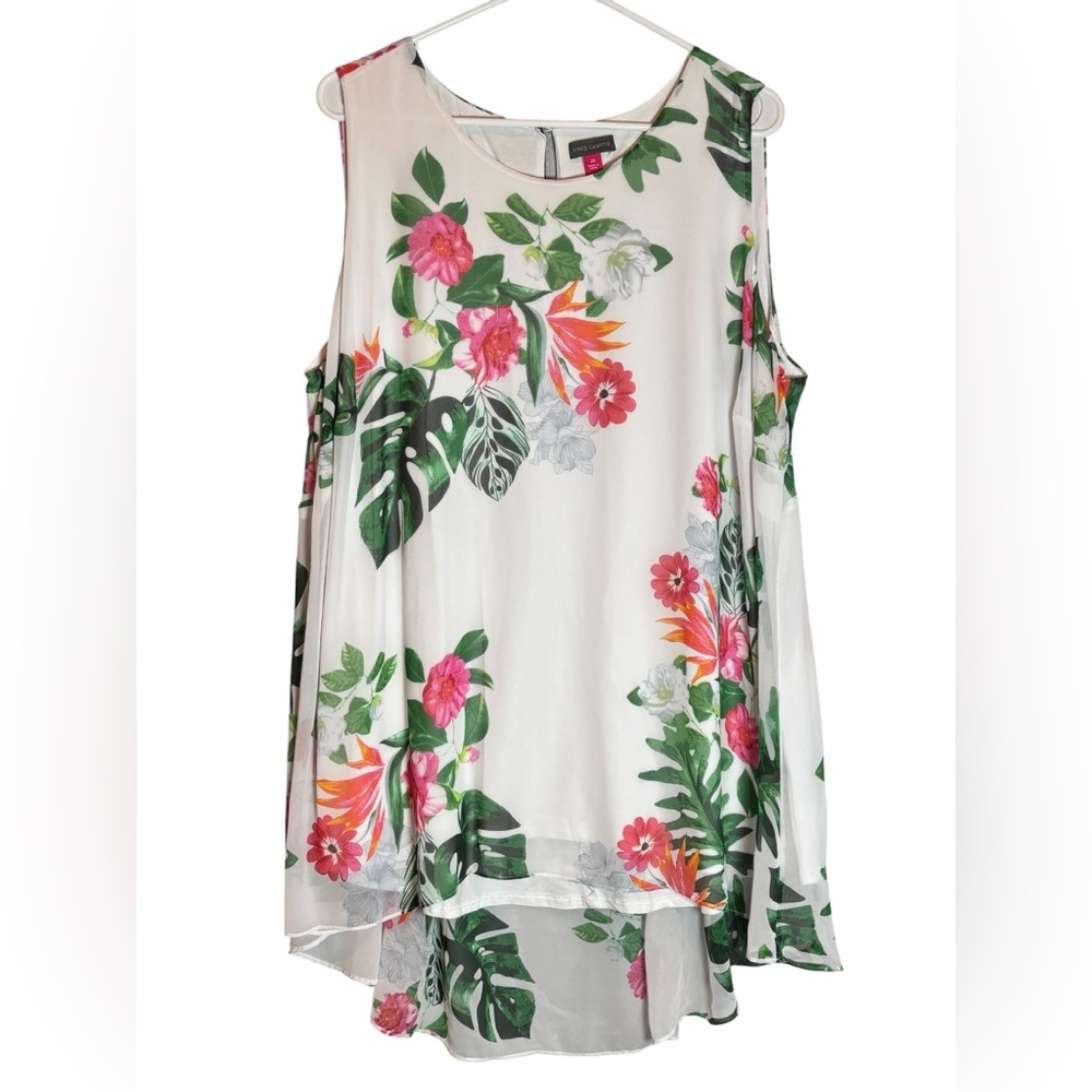 Vince Camuto 2X Tropical Floral Chiffon Blouse Hi-Low Sheer Overlay